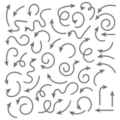 Set of squiggle line arrows. Simple line hand drawn curved vector arrows icons