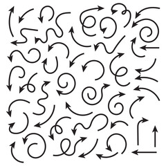 Set of squiggle line arrows. Simple line hand drawn curved vector arrows icons