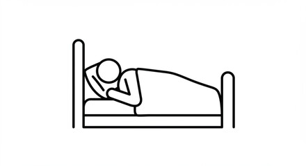 Person sleeping in bed with pillow and blanket in simple black and white outline illustration style