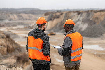 Surveying engineers caucasian and african in sand quarry assessing ore mining operations, back view