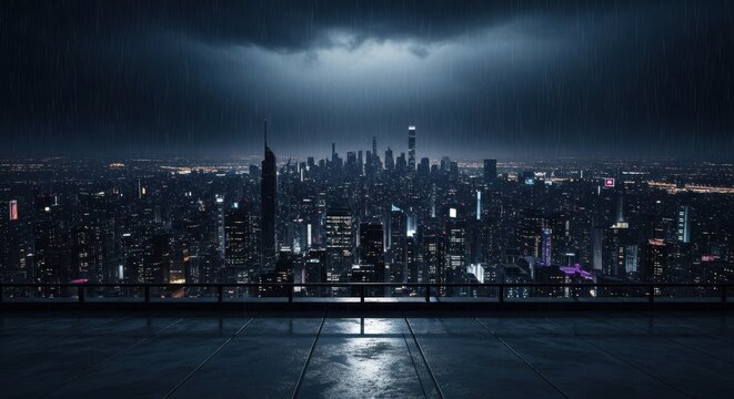 Cityscape at Night During a Thunderstorm