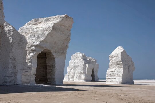White rock formations on a sandy beach under a clear sky - Powered by Adobe