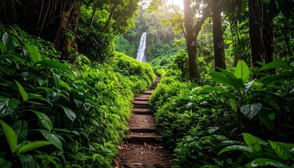 Serene hiking trail winding through a lush tropical jungle, leading to a secluded and beautiful waterfall in the distance.