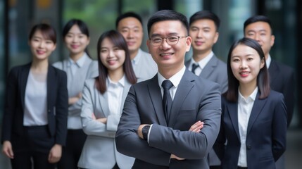 A group of business professionals standing together in an office setting.