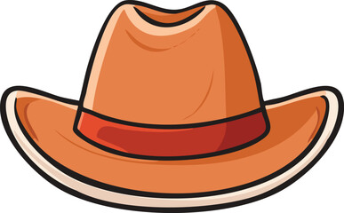 Illustration of a classic brown cowboy hat with a red band, outlined in black.