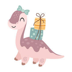 Dinosaur Birthday girl with presents. Cute cartoon festive character in vector hand drawn style.	
