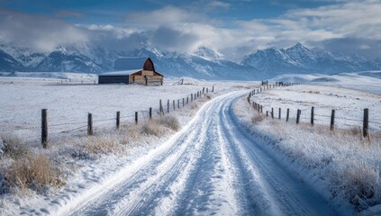 Snowy country road leads to barn, mountains in background