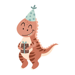 Birthday dinosaur with gift box and birthday hat. Cute cartoon festive character. Vector illustration.	
