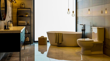 Luxurious modern bathroom with freestanding bathtub and toilet