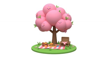 Naklejka premium Whimsical pink tree picnic scene