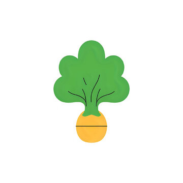 Stylized flat icon of a vibrant green broccoli florette with a yellow stem on a white background