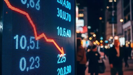 Red Downward Arrow Displayed on Electronic Stock Market Board with Numerical Data at Night in Urban Setting - Powered by Adobe