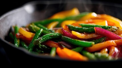 Close-up of a black frying pan with a colorful stir-fry dish in it. the dish appears to be made with various vegetables, including green beans, red and yellow bell peppers, and sliced red onions.