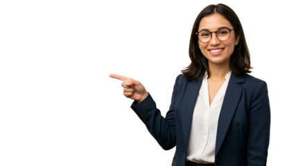 Smiling professional businesswoman in glasses pointing to the side, presenting an idea or product on an isolated white background.