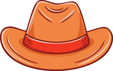 A cartoon illustration of a brown cowboy hat with a red band, isolated.