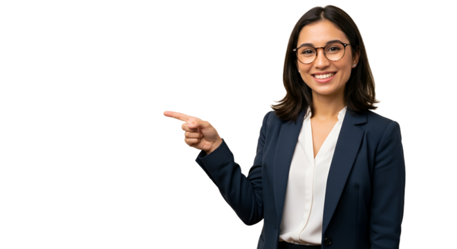 Smiling professional businesswoman in glasses pointing to the side, presenting an idea or product on an isolated white background.