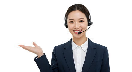 Friendly Asian call center operator with a headset smiling and presenting, offering professional customer service support isolated on white background.