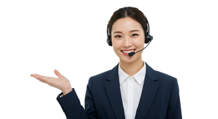 Friendly Asian call center operator with a headset smiling and presenting, offering professional customer service support isolated on white background.