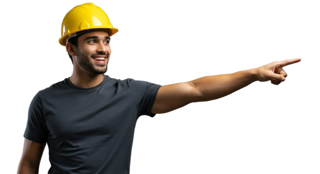 Cheerful construction worker in a yellow hard hat smiling and pointing to the side. Confident engineer indicating a direction.