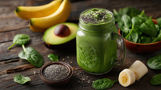 Top-Down View of Green Smoothie in Mason Jar Surrounded by Fresh Spinach, Avocado, Banana, and Chia Seeds on Rustic Wooden Table with Natural Daylight and Organic Food Styling