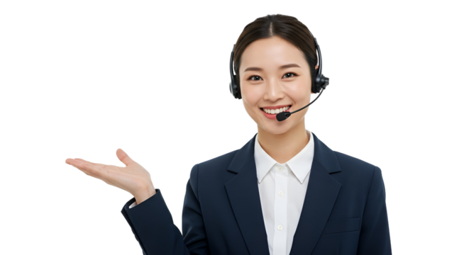 Friendly Asian call center operator with a headset smiling and presenting, offering professional customer service support isolated on white background.