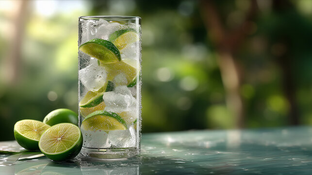 Sparkling Water with Lime Slices and Ice Cubes in Tall Glass