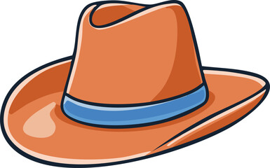 Cartoon illustration of an orange cowboy hat with a blue band.