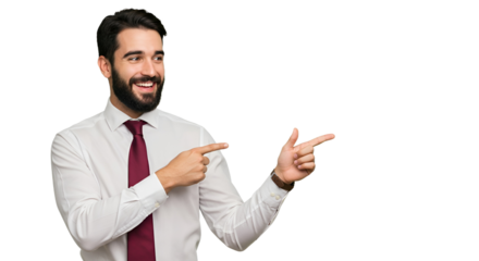 Cheerful businessman presenting an exciting opportunity, pointing sideways with a surprised and happy expression