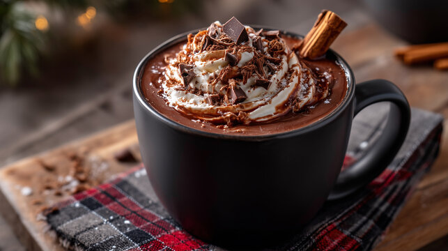 Mug of Hot Chocolate Topped with Swirled Whipped Cream, Chocolate Shavings, and a Cinnamon Stick, Served on a Plaid Napkin with Warm Soft Lighting and Cozy Winter Beverage Styling
