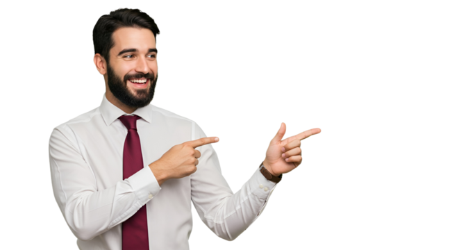 Cheerful businessman presenting an exciting opportunity, pointing sideways with a surprised and happy expression
