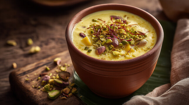 Authentic Mango Lassi Served in a Terracotta Clay Cup Topped with Chopped Pistachios and Saffron Strands, Placed on a Wooden Surface with Tropical Light and Cultural Food Styling