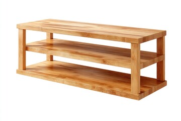 Light-colored wood TV stand with two shelves