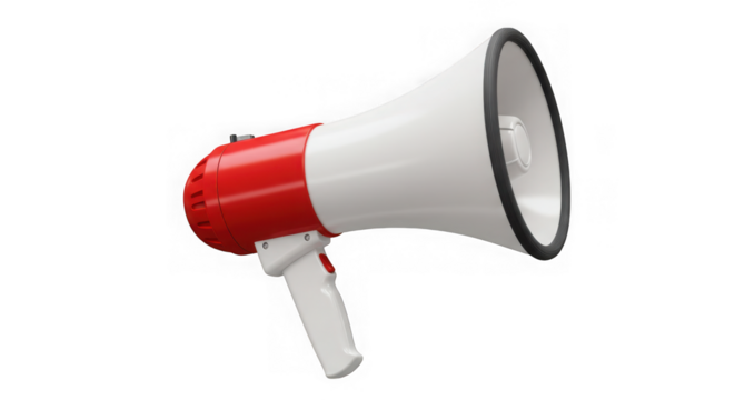 Red and white megaphone with black trim isolated on transparent background