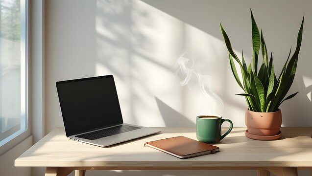 Bright and clean home office setup. A laptop and coffee mug on a white desk bask in morning sunlight from a window.
