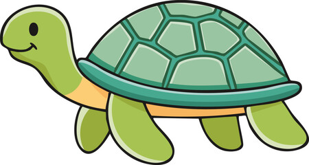 A cartoon turtle with a green shell and yellow underside is depicted with a friendly smile.