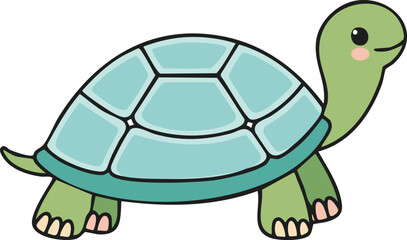 Cute cartoon turtle with light blue shell, walking, and happy expression.
