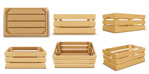 Set of realistic wooden crates from different sides, from the side and from the top.