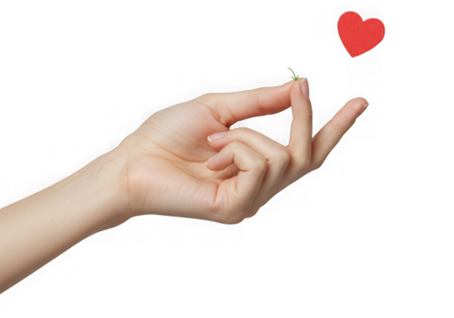 Hand holding clover with heart above it on transparent background