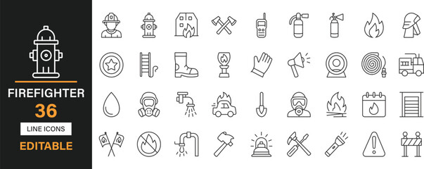 Firefighter line icon set featuring 36 editable stroke icons. Includes fire hydrant, alarm, gear, helmet, tools, ladder, flame, truck, safety symbols, and more.