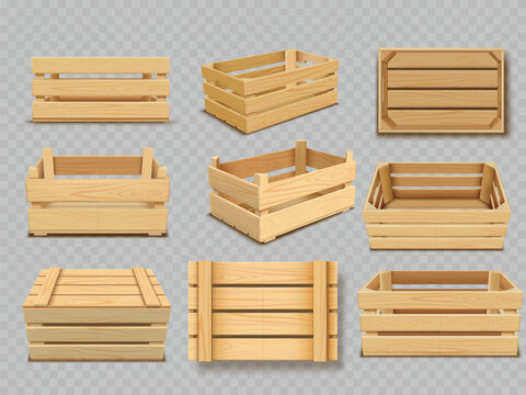 Realistic wooden boxes vector set, timber crate for storage and transportation, delivery of food products and freight