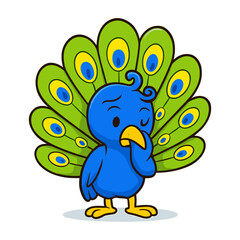 Sad cartoon peacock mascot isolated design