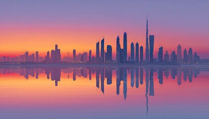 Naklejka premium City skyline at sunrise, reflected in water