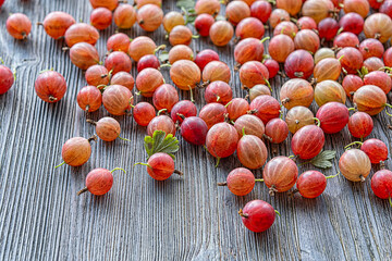 Top view of fresh red gooseberry fruit scattered on a rustic wooden background.