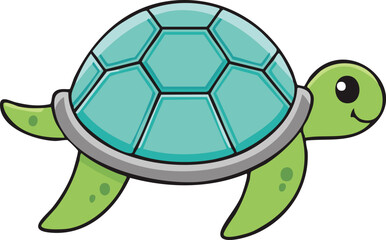 A cartoon turtle with a blue shell and green body swims to the right.