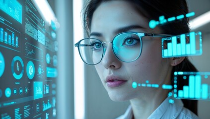 Futuristic,  Middle-Aged Female Scientist Analysing Data on Glass Digital Screen