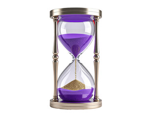 Purple sand timer hourglass time management deadline countdown concept on transparent background