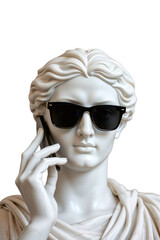 Marble antique woman wearing sunglasses and holding smartphone. Creative playful composition with Greek, roman female statue