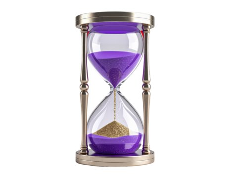Purple sand timer hourglass time management deadline countdown concept on transparent background