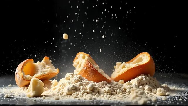 Artisan bread pieces falling with flour dust creating a dynamic food still life scene
