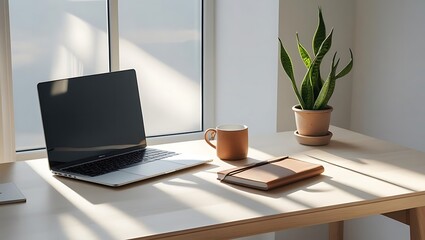 Fototapeta premium Bright and clean home office setup. A laptop and coffee mug on a white desk bask in morning sunlight from a window.